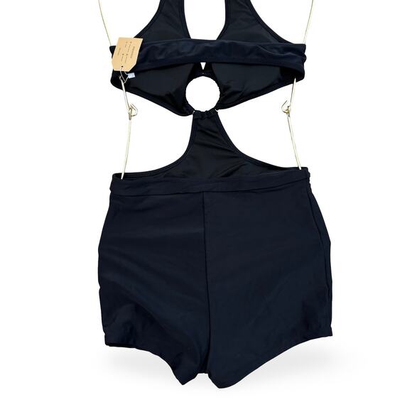Hilinker Black Cutout Halter One-Piece Swimsuit with High-Waisted Shorts Size S - Picture 4 of 7